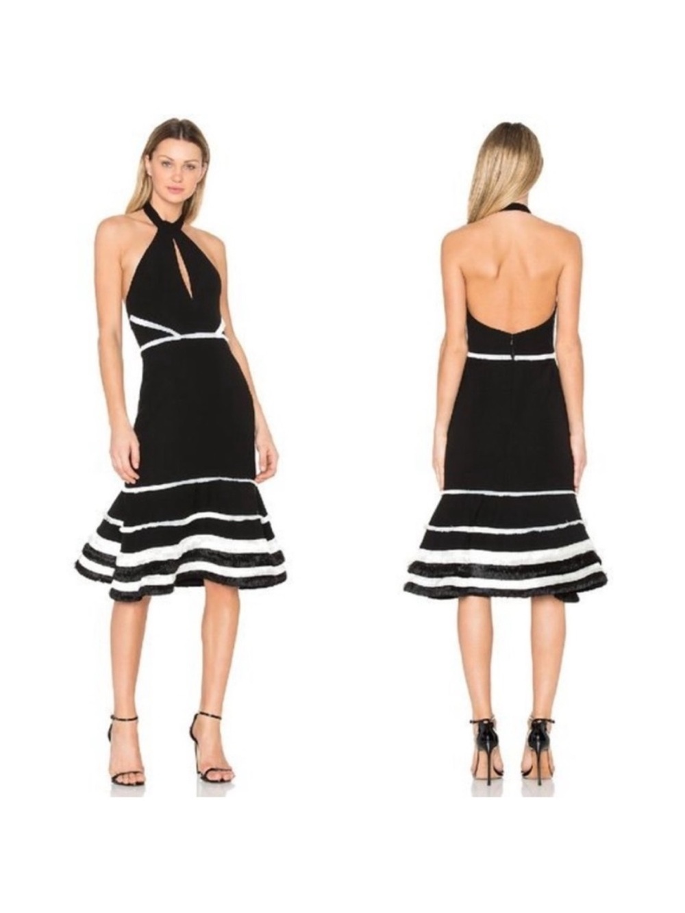 Alexis Black and White Halter Midi Dress with Striped Flounce